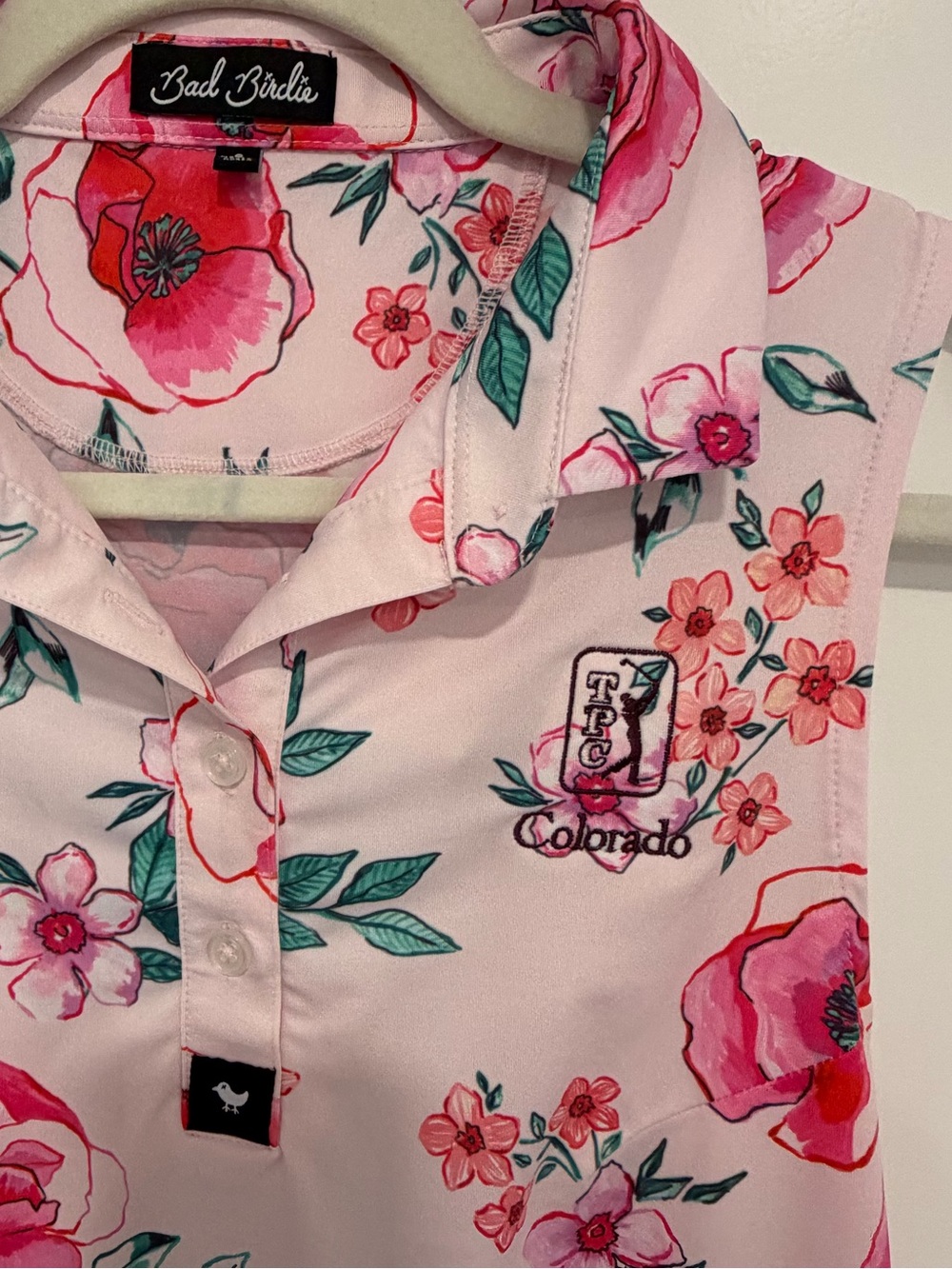 Bad Birdie x TPC Colorado Floral Sleeveless Golf Polo Pink Top Size Small